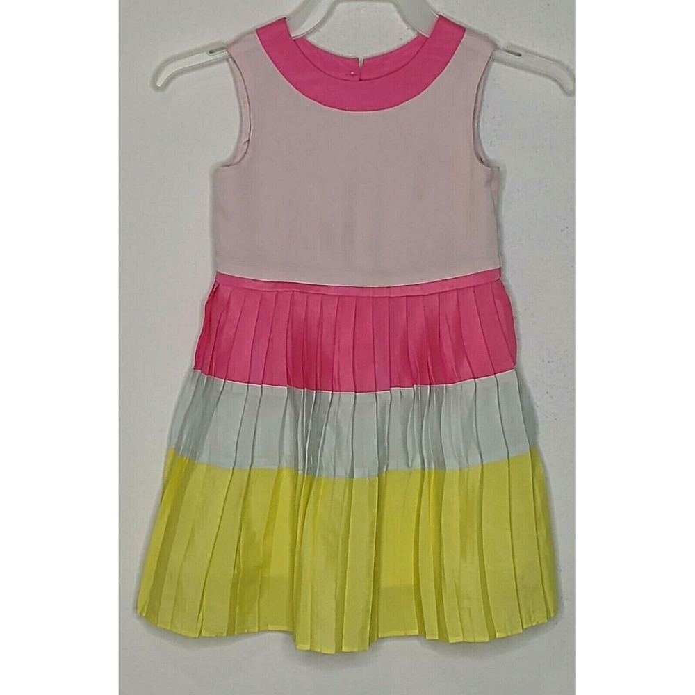 Ted Baker Pleated‎ Dress Size 2Y Pink Blue Yellow Color Block Lined Sleeveless